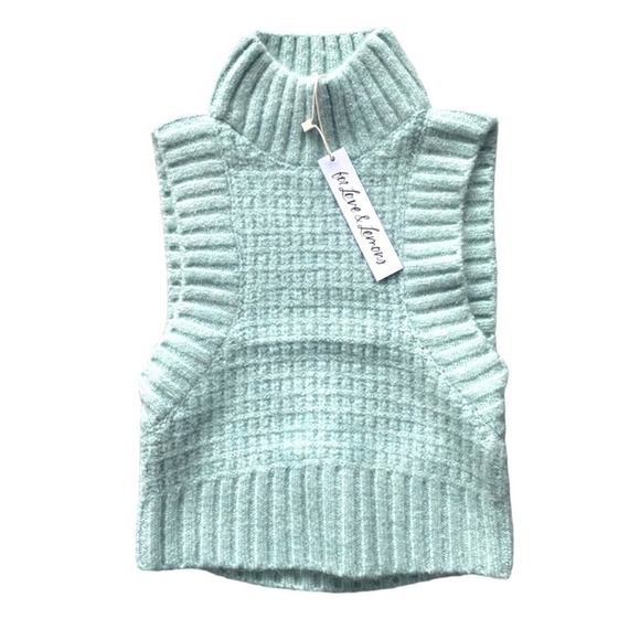 For Love and Lemons Dominique Cropped Open Back Sweater Top in Mint Green L NWT - Picture 2 of 5